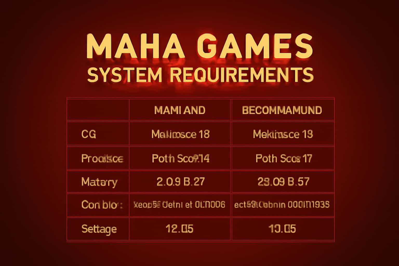 A neutral scene depicting the system requirements for Maha Games with prominent text.