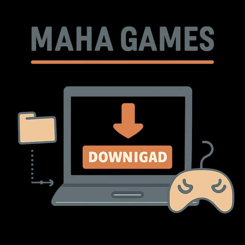 An educational illustration detailing the steps to download Maha Games.